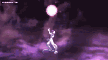 a cartoon character is flying through the air with a purple sky in the background