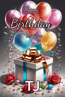 a happy birthday card with balloons and roses