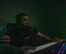 a man wearing headphones is sitting in front of a computer
