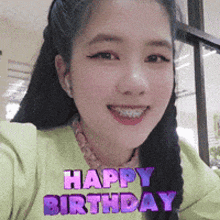 a girl with braces on her teeth is smiling and says happy birthday