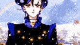 a blue haired anime character with a rainbow in the background is standing in the snow