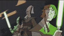 a cartoon of a man with green hair holding a lightsaber