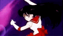 a girl in a red and white outfit is standing in front of a purple background with her arms outstretched .