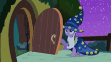 a cartoon of a pony wearing a wizard 's hat and cape