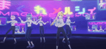 a group of anime girls are dancing in front of a neon sign that says mag