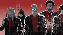 a group of anime characters are standing next to each other with a red background