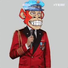 a picture of a monkey wearing a red suit and a blue hat with the hashtag #tribe