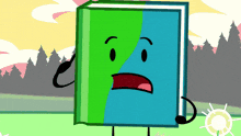 a cartoon drawing of a book with a face and arms