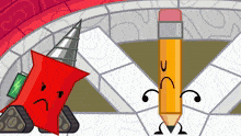 a cartoon drawing of a red pin and a yellow pencil with faces