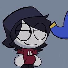 a cartoon character with black hair and a red shirt with the letter a on it