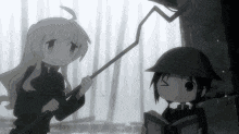 a black and white photo of a girl holding a fishing rod next to a boy holding a book .