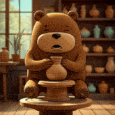 a cartoon bear sitting on a pottery wheel holding a vase