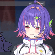 a girl with purple hair and red eyes is wearing a jacket with a star on it