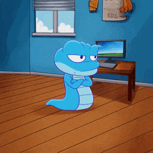 a blue cartoon character is standing in front of a computer screen