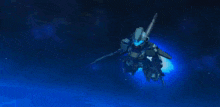 a robot is flying through the air with a blue light coming out of it 's wings .
