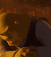 shrek from the movie shrek is smiling and looking at something
