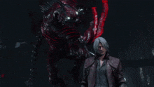 a man in a leather jacket stands in front of a demon with red eyes