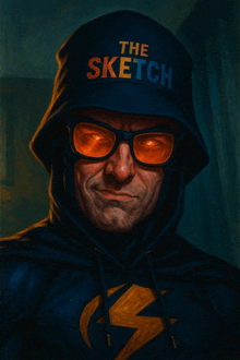 a drawing of a man wearing a hat that says the sketch