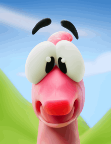 a pink worm with big eyes and a black eyebrow