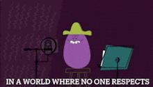 a cartoon character named the common table grape is sitting in front of a microphone