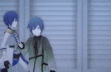 three anime characters are standing next to each other and one has a star on his back