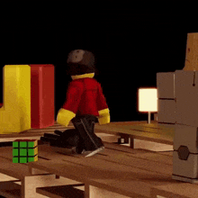 a cartoon character is sitting on a bench with a rubik 's cube on the table