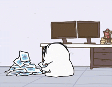a cartoon drawing of a person sitting at a desk