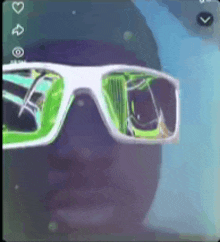 a close up of a person wearing sunglasses on a screen