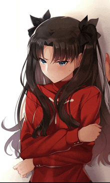 a girl with long black hair and blue eyes is wearing a red jacket and has her arms crossed
