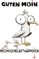 a cartoon of a seagull with the words " guten moin " written above it