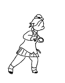 a black and white drawing of a girl in a school uniform dancing on a white background .