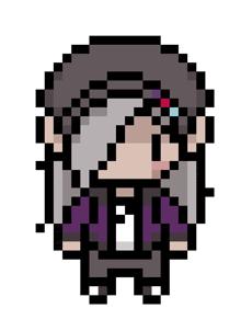 a pixel art of a girl with gray hair and a purple jacket