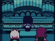a pixel art of a person standing next to a cat in a room .