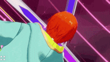 a cartoon character with red hair is wearing a blue jacket and a yellow collar .
