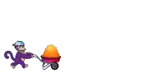 a pixel art of a monkey pulling a wheelbarrow with a bull in the background