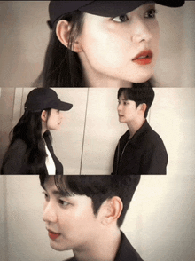 a woman wearing a baseball cap looks at a man