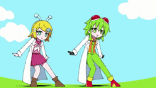 a cartoon drawing of a girl in a lab coat and a boy in green pants