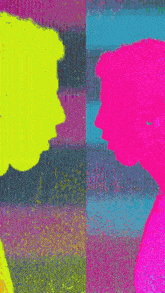 a purple and yellow striped background with a person 's face visible