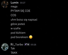 a screenshot of a conversation between lumin and r1_turbo