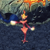 a cartoon character with a crown on his head is dancing on a rocky surface