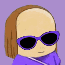a cartoon character wearing sunglasses and a purple sweater .