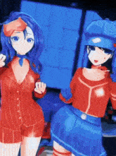 two anime girls are standing next to each other in a room