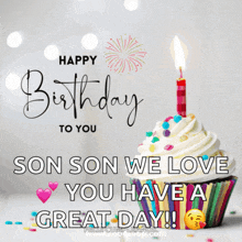 a birthday card for a son with a cupcake and a candle