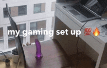 a purple dildo sits on a wooden desk next to a laptop and says my gaming set up