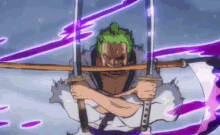 a cartoon of a man holding two swords in his hands .