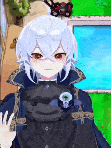 a girl with white hair and red eyes is holding a black object in her hands .