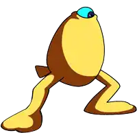 a cartoon character with a blue eye is standing on its hind legs