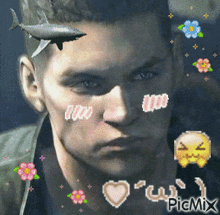 a picture of a man with flowers and a shark on his forehead