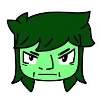 a cartoon drawing of a person with green hair and an angry look on their face
