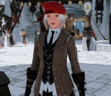 a woman wearing a red hat and a brown coat